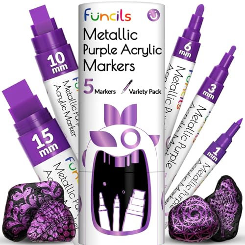 Funcils 5 Metallisch Acrylstifte für Steine, Glas, Holz, Leinwand - Lila Acryl Marker 1mm, 3mm, 6mm, 10mm, 15mm Spitze. Die Lilastift Acryl Stifte sind ideal für Erwachsene und auch Kinder.