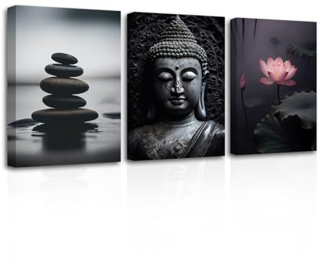 CXHOSTENT Zen Leinwand Wandbilder für Badezimmer Dekoration 3-teilig Schwarz Weiß-Buddha Zen Stein Kunstdrucke rosa Lotusblumenbilder (A, 28.00 x 35.00 cms x 3PCS)