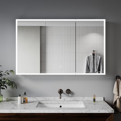 ELEGANT Bathroom Wall Cabinet with Mirror Illuminated Bathroom Cabinet with Bluetooth Speaker and Shaver Socket Triple Door 1050 x 650mm Mirror