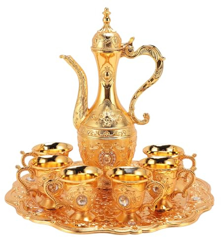 Türkisches Vintage-Kaffeekannen-Set, Retro-Kaffee-Tee-Servierset, Europäischer Stil Weinglas-Topf-Set aus Legierung mit 6 Kaffeetassen und Handgefertigtem Teetablett für Tee Heim