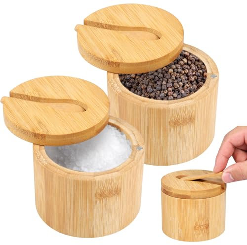 QINGLANG 2-Pack Bamboo Salt and Pepper Bowls Box Spice Box with Magnetic Swivel Lid Built-in Serving Spoon Salt Cellar and Storage Box Seasoning Container