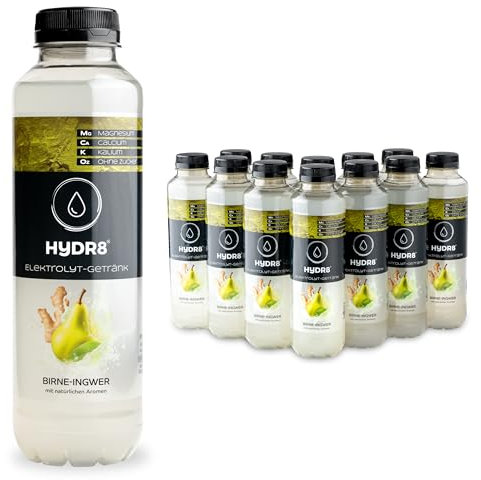 HYDR8 Elektrolytgetränk ohne Zucker - Birne-Ingwer Geschmack - Elektrolyte Sport Party - Elektrolyte ohne Zucker - 5 Elektrolyte inkl. Magnesium (12 x 500ml inkl Pfand)