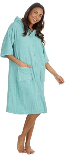 Style It Up Womens Ladies 100% Cotton Short Sleeve Bath Gown Hooded Zip Through Comfortable Cozy Warm SPA Wear Plain Towelling Robe (GREEN, 18-20)