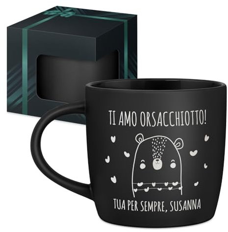Maverton Tazza da caffè macchiato o tè in ceramica - 400 ml - Incisione personalizzata - Tazze con manico per bevande per Lui - Bicchiere da colazione per compleanno uomo - Interno nero - orsacchiotto