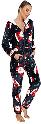 Pigiama Donna Raso Pigiama con Cappuccio Natalizio Tutina Clubwear Indumenti da Notte Pagliaccetti Tuta Pigiama da Donna Felpa in Pile da Notte Tuta da Tuta Natale Donna Pigiama Pigiama (Navy, XL)