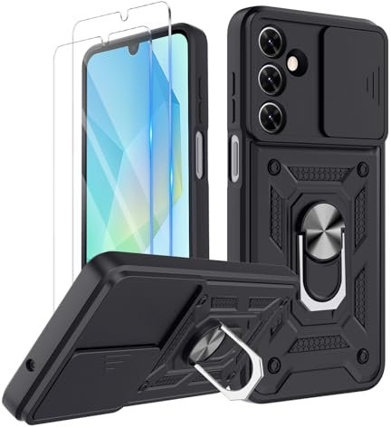 COPIKE Funda Armor para Samsung Galaxy A16 4G / 5G con 2 Piezas Cristal Templado, Carcasa Cubierta de Cámara Deslizante Proteger con Soporte Giratorio de Anillo y Silicona TPU Antigolpes, Negro