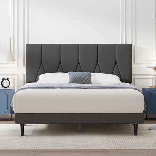 Yocreat Single Bed Frame, Dark Grey, Upholstered Wooden Slat Bed Frame with Headboard, Easy Assembly, Underbed Storage, No Box Spring Needed 90×190