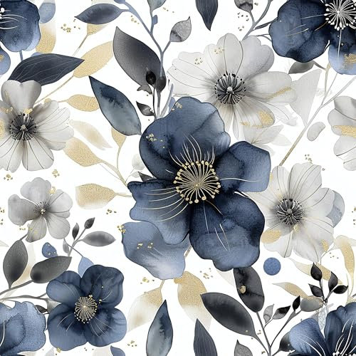 SOEWIOU Floral Peel and Stick Wallpaper, 44.5x300cm, Blue, Vintage Floral Leaf Wallpaper, Waterproof Self Adhesive Wallpaper for Bedroom Cupboard Walls