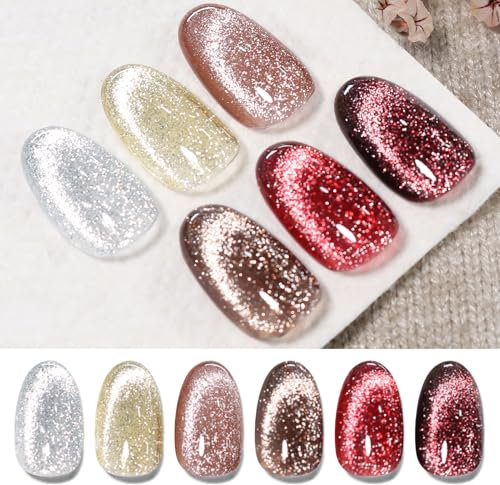 BORN PRETTY Magnetic Gel Nail Polish Reflective Glitter Cat Magnetic Eye Gel Polish Set White Red Sparkling Shimmer Pearl 6 Colors Gel Soak Off Nail Art Manicure DIY Salon for Women