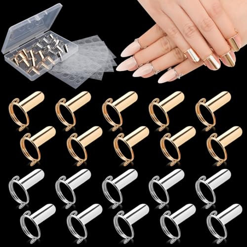 EBANKU 20PCS Wudu Rings for Acrylic Nails, Adjustable Detachable With 96PCS Adhesive, Reusable Metal Set for False Nail Art Decoration (Gold & Silver)