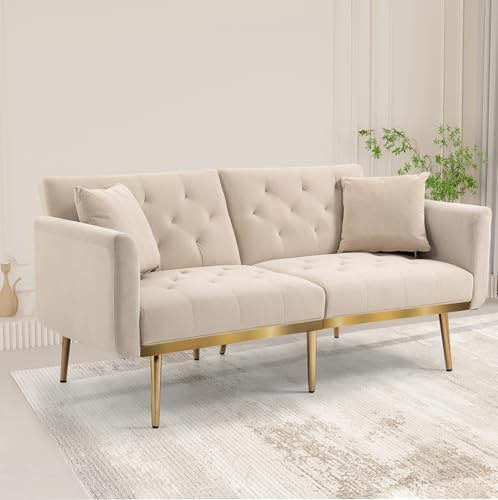 Moimhear Modernes Doppelsofa für Wohnzimmer, Doppelsofa mit 2 Kissen, mit 3-Fach Verstellbarer Rückenlehne, gepolstertes Schlafsofa, Stabiler Metallrahmen (Samt, beige)