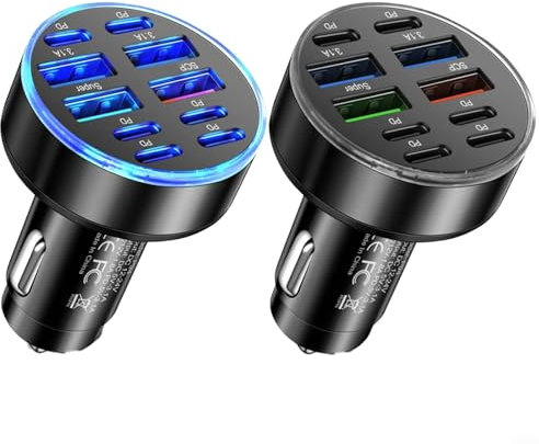 Caricabatteria da auto a 10 porte USB C PD adattatore di ricarica rapida con display a LED per più dispositivi, compatibile con telefono serie 8-14, tablet, computer, fotocamere
