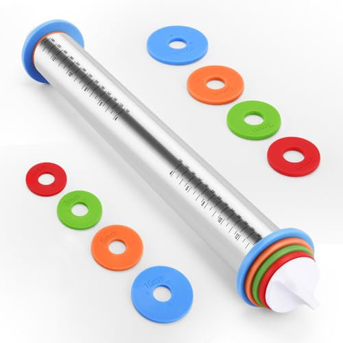 Rolling Pin with Adjustable Thickness Rings,Stainless Steel Dough Roller,Baking Supplies for Pizza Cake Pasta Tortilla Fondant Cookie