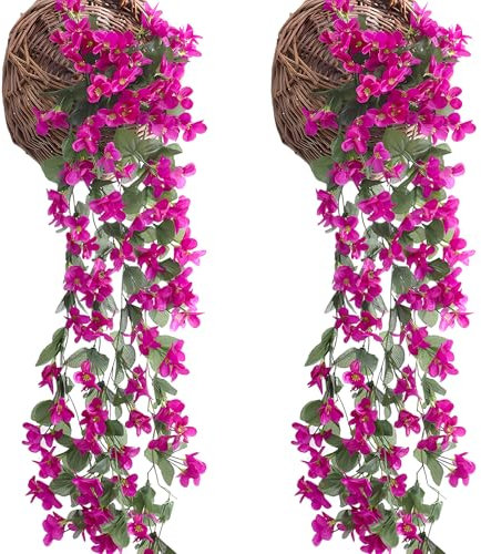 KiKiHong 2 Pièces Plantes Suspendues Artificielles,Fleurs Artificielles Extérieur,Fleurs Murale Décoratives Extérieur/Intérieur,85 cm - Décoration Balcon/Jardin,Rouge-Violet (4 Pétales)