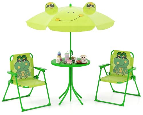 GOPLUS Ensemble Salon de Jardin Enfant 4 PCS, Table Pique-Nique Enfant avec 2 Chaises Pliante, Parasol Réglable en Hauteur, Charge 75KG, Table Exterieur pour 3-6 Ans (Grenouille Bleu - Verte)