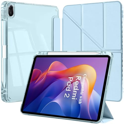Case for Xiaomi Redmi Pad 2 Tablet 11 Inch 2025 Y-Shaped Stand Cover Blue | Shiny Transparent Back Shell Shockproof Tablet Auto Wake/Sleep Protective Drop Proof Slim Clear Pen Holder Anti-Scratch Fit