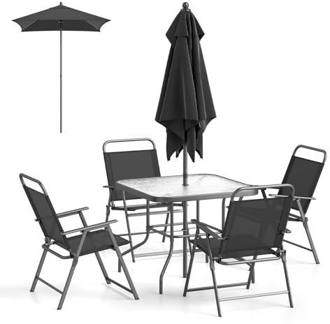 GiantexUK 5/6 Piece Patio Folding Dining Set, Garden Conservatory Set with Tempered Glass Tabletop & Umbrella, Outdoor Dining Table and Chairs for Balcony Porch Garden (6 PCS with Parasol)