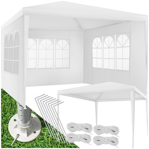 tectake® Pavillon 3x3 m, Zelt groß, wasserdicht, für Garten und Camping, Gartenpavillon, Partyzelt, Event Shelter, Festzelt, Gartenpavillon 3x3 m mit 3 Seitenwänden mit Fenstern, inkl. Heringe - weiß