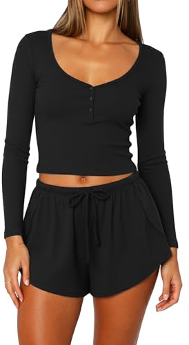 Coloquin Womens 2 Piece Pajama Sets Long Sleeve Henley Crop Top Pj Shorts Sexy Pjs Lounge Set Sleepwear