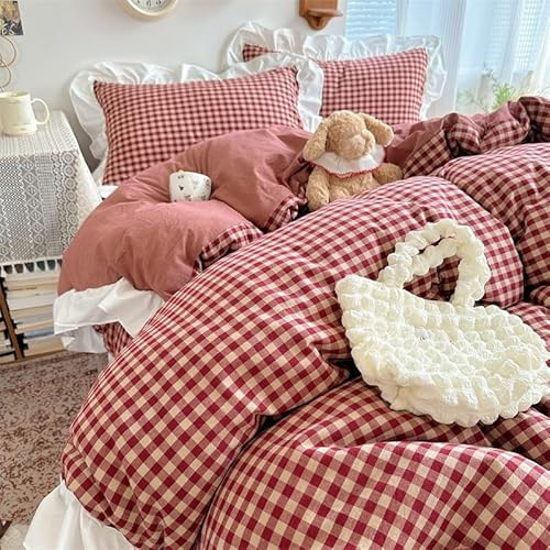 Rot Kariertes Bettbezug-Set 135X200 mit Rüschen,Bettwäsche-Set im Französischen Landhausstil im Vintage-Stil mit Kariertem Rüschenrand und Reißverschluss,Weicher Mikrofaser-Bettbezug mit Gingham