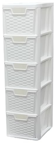 KYY'Z Rattan Effect Drawer Plastic Storage Organizer- Multipurpose Storage Drawer Unit Home Kitchen Office School Garage Bedroom Bathroom Stationery Toys 25Dx19Wx 78Hcm (White, 5 Tier)