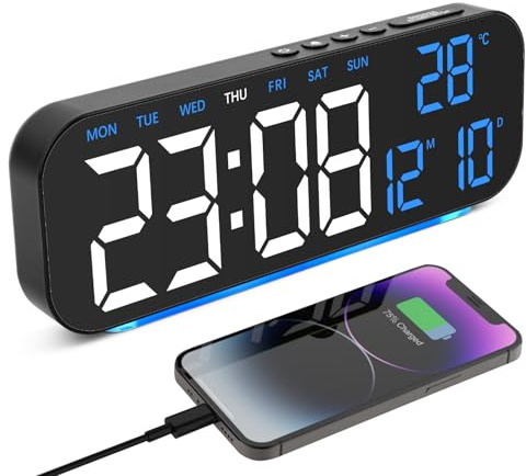 Foyucool Alarm Clock Mains Powered, Digital Alarm Clocks Bedside with Battery Backup, 4 Levels Brightness Dimmer, Ambient Night Light, Dual Alarms, Timer, USB Charger for Heavy Sleepers