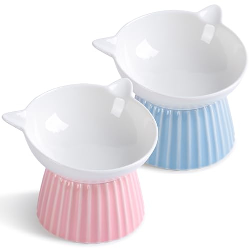 Raised Cat Bowls, Ceramic Elevated Cat Dishes and Feeding Bowls | Food Grade Material, Anti Vomiting, 15° Tilted, Whisker Friendly, Tall Cat Bowl ideal for Wet & Dry Food and Water, Pack of 2