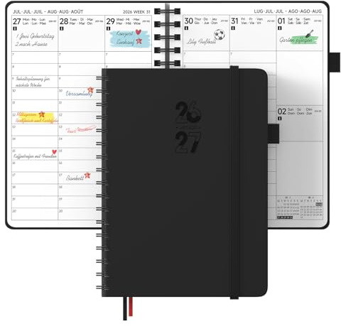 JAYSOO® Kalender 2026-2027 Wochenplaner 15x10.8cm Tageplan und Stundenplan, 17 Monate Terminplaner Spiralblock (Aug.2026-Dez.2027) für Arbeit, Lernen und Familienplan - Schwarz
