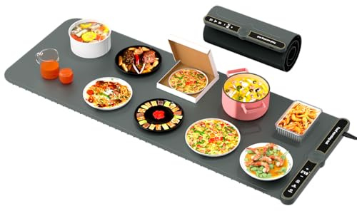 Warming Mat for Food Extra Large XXL: 15 W x 40 L, Food Warmer Mat Rolled Up Silicone Food Warmers for Thaw, Party, Electric Food Tray 9-Level Precise Temp Control with Safe Child Lock Grey