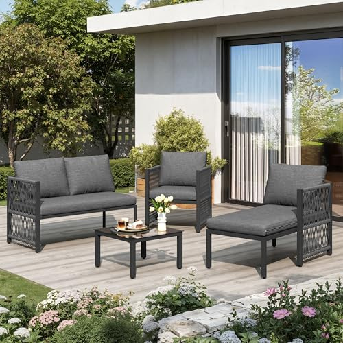 Merax 4-5 Seater Garden Furniture Set, Outdoor Corner Sofa Set with Tempered Glass Coffee Table, Modular Rope Garden Lounge Set with Sofa & Armchairs,Patio Furniture for Balcony Terrace, Grey