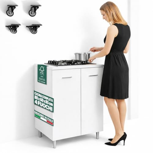 Shally Dogan Komplette Monoblock-Küche, 80 x 60 x 85 cm, Kochfeld mit 4 Brennern, Platten aus robustem Gusseisen, Montage mit festen Füßen oder Rollen, Stegregler (weiß)