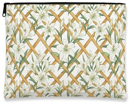 Trousse de maquillage motif lys floraux, pochette de voyage vintage botanique pour femme, organiseur portable en toile avec fermeture éclair, trousse de toilette printanière, blanc, 7x9 Inch, Lys