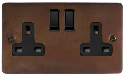 Flat Tarnished Copper Double Socket (Black Switch) - FTC10B