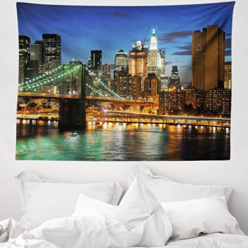 ABAKUHAUS Stadt Wandteppich und Tagesdecke, New York bei Nacht Brücke, aus Weiches Mikrofaser Stoff Modernster Digitaldruck Technologie, 150 x 110 cm, Nachtblau Blasser Kaffee