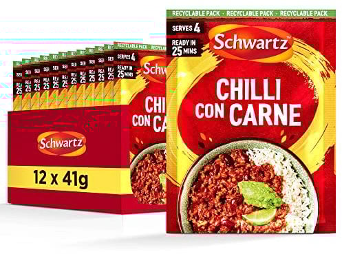 Schwartz Chilli Con Carne Recipe Mix 41 G Serves 4 Pack of 12 Hot & Spicy Rich Mexican Flavour With Fiery Chillies, Earthy Cumin, Dried Garlic and Onion Powder