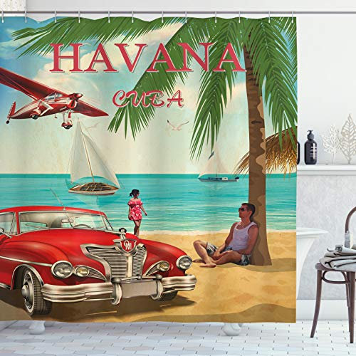 ABAKUHAUS Reise Duschvorhang, Retro Havana Kuba Auto Strand, Stoffliches Gewebe Badezimmerdekorationsset mit Haken, 175 x 240 cm, Rot Beige