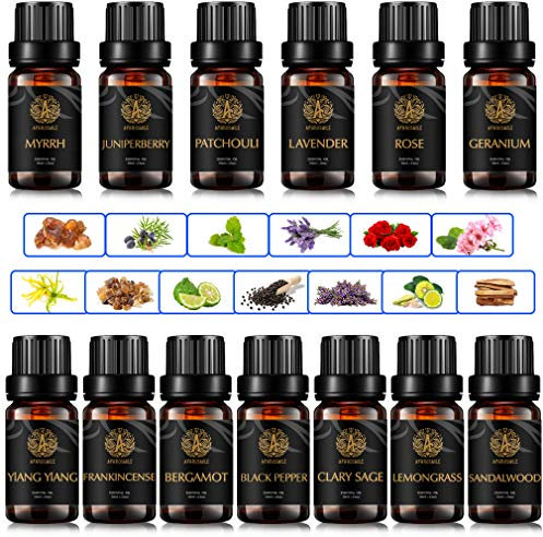 Aromaterapia patchouli oli essenziali Set per diffusore, 13x10ml 100% Olio essenziale puro Set-pepe nero,salvia sclarea,geranio,bacche di ginepro,mirra,rosa olio, terapeutico Grade Oilo Essential Kit