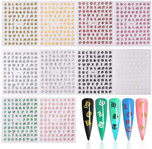 10 Blatt Buchstaben Nagel Kunst Aufkleber, Mwoot Holographic Letter Nail Art Sticker, Nagelfolie Kunst Sticker Nail Tip Maniküre Decals für Frauen Party Favors