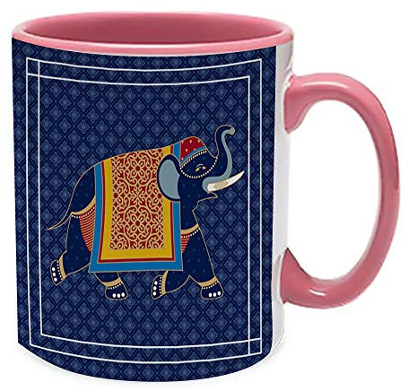 Traditional Retro Indian Elephant Oriental Ethnic Pattern Mug Vintage Colourful Decorative Hippy Boho Coffee Tea Cocoa Soup Daily use Mug. (Pink Inside Coloured & Pink Handle Mug)