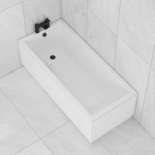 1400 x 700mm Single Ended Straight Bath with Front and End Acrylic Bath Panels for Bathroom, Baths Soaking Tubs, White Gloss - Square