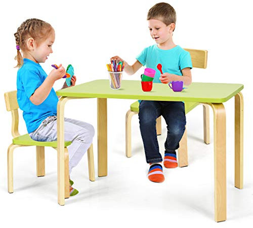 GIANTEX 3 TLG. Kindersitzgruppe, Holz Kindertisch mit 2 Stühlen, Kindermöbel Set zum Spielen Lernen Essen, Sitzgruppe für Vorschüler Kinder (grün)