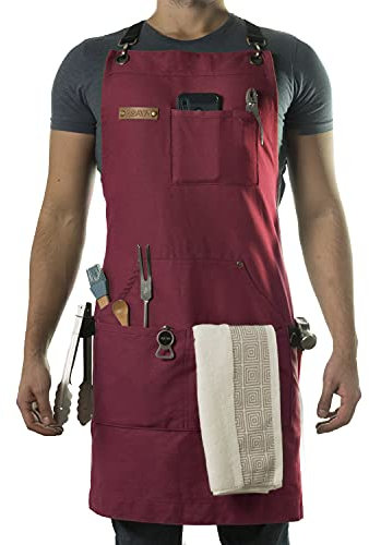 Asaya Chef and BBQ Apron with Bottle Opener and Hand Towel - 10oz Cotton Canvas, Stainless Steel Hardware - Cross Back Straps, Red, 27 inches wide x 34 inches tall