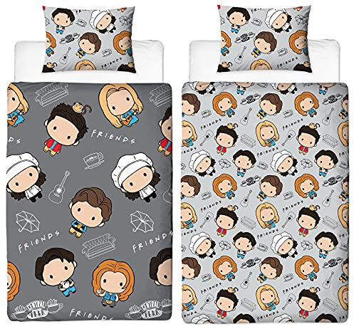 Friends TV Show Single Duvet Cover - Chibi Design - Officially Licensed Reversible Bedding set with matching Pillowcase