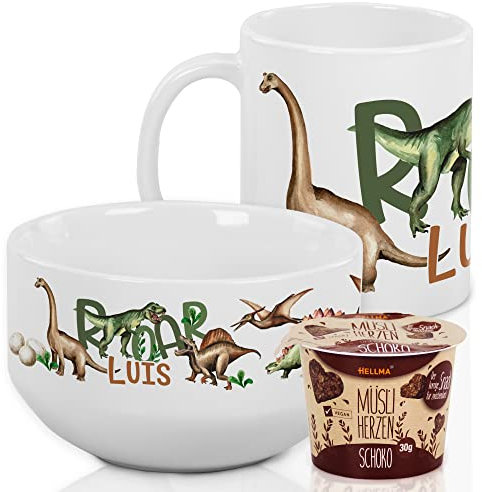 GRAZDesign Kindergeschirr Set | Dinosaurier | Frühstücksset Kinder personalisiert mit Namen Müslischale mit Tasse 3-teiliges Geschirrset Dinos Frühstücksset aus Keramik