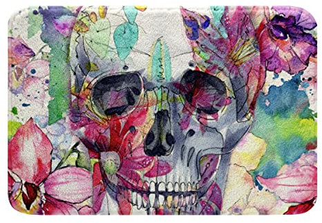 Totenkopf Badezimmerteppich Blumen Skelett Totenkopf Kleinkind Weich Vlies Badteppiche Kinder Jungen Marmor Design Polyester Badematte 40x60cm gotisch Knochen Bunt für Badezimmerboden Badvorleger