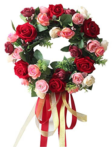 WIVAYE Rote Rosen-Kränze für die Haustür, 33 cm, künstliche Rosenblumenkranz mit Schleife, Frühlingstag, Hochzeitsdekoration