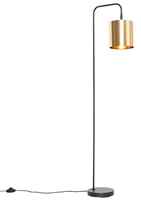 Qazqa - Moderne Stehlampe schwarz mit Gold I Messing - Lofty I Wohnzimmer I Schlafzimmer - Stahl Länglich I Rund - LED geeignet E27
