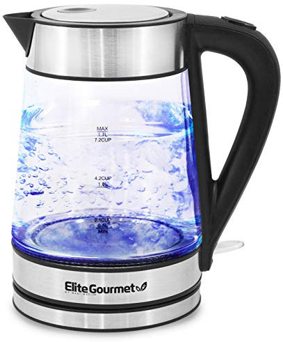 Elite Gourmet EKT-602 Hervidor eléctrico de vidrio sin BPA, base inalámbrica de 360º, elegante interior led azul, función de apagado automático, hierve rápidamente agua para tés, acero inoxidable