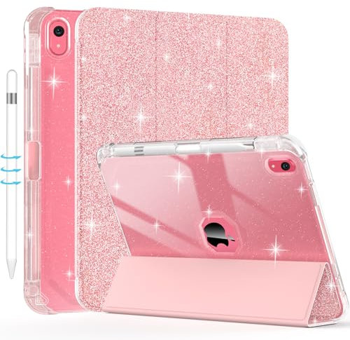 Sevrok iPad 10. Generation Hülle 2022 10,9 Zoll mit Stifthalter, glitzerndes Leder, dreifach faltbarer Ständer, magnetisch, Smart-Cover mit glänzender, klarer TPU-Rückseite, unterstützt Touch-ID,