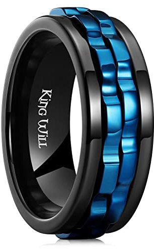 King Will Mens Blue Gear Spinner Rings Stainless Steel Fidgets Two Black Gear Fidget Ring High Polish Anxiety Ring For Men Women Wedding Band 13
